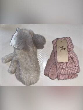 NWT Crown Vintage Pink Cable Knit Mittens & Lemon Cream Faux Fur Pom Mittens Set